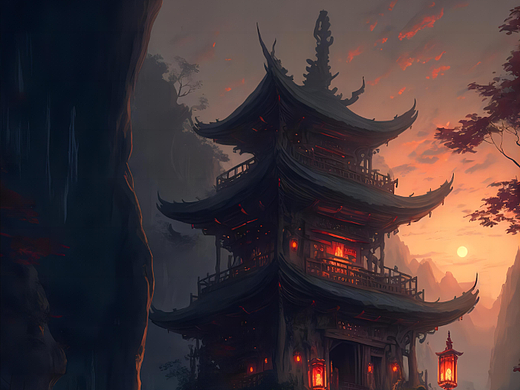 中国风古楼插画原创板绘手绘水彩古风绘画