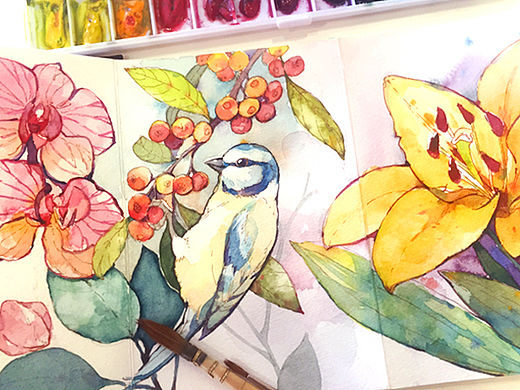 水彩花鸟小长卷