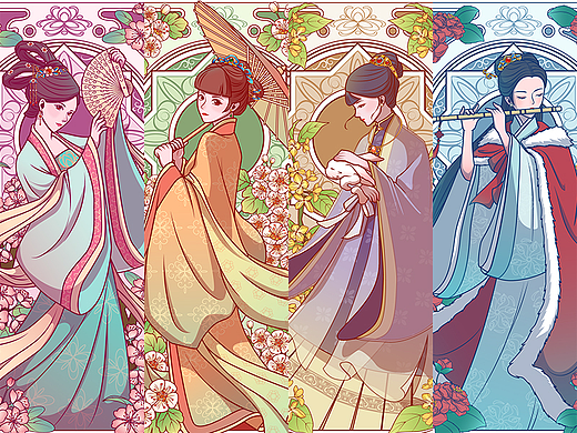 四季花神穆夏宫廷古风女子文创壁纸插画