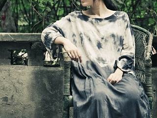 女式纯棉复古手工扎染宽松长袖连衣裙 女士纯棉长袍