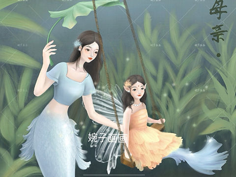 美人鱼 母子 原创插画