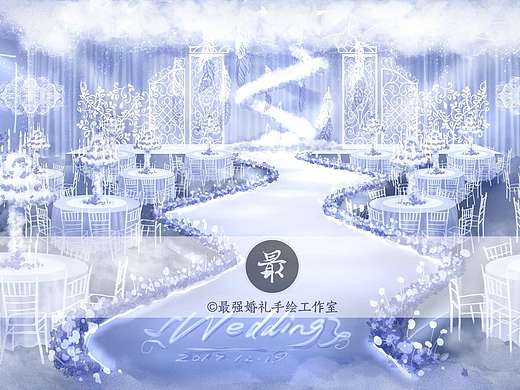 【婚礼手绘】蓝色厅内电脑手绘效果图