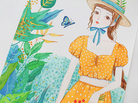 水彩插画-少女与花🌺