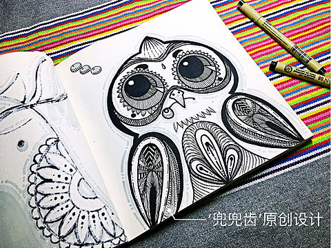 缠绕画，黑白装饰画，民族风，线描，插画，猫头鹰，