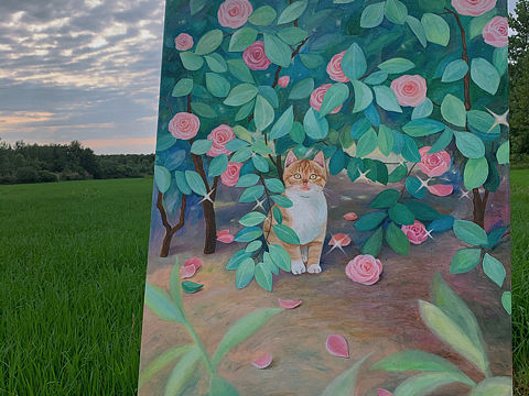 花丛橘猫布面油画