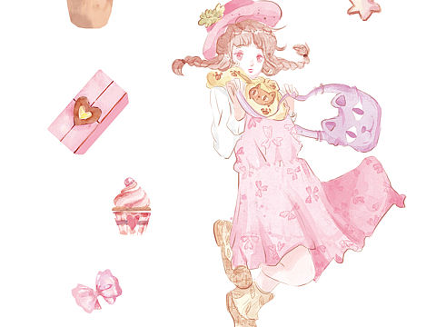 少女漫步系列贴纸插画