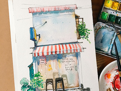 钢笔淡彩日系小店