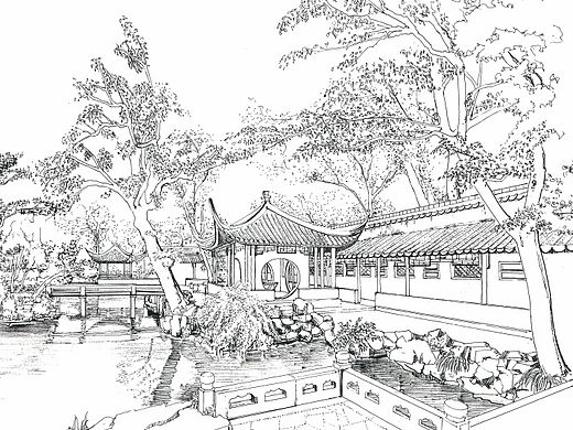 钢笔手绘-颐和园-古建庭院