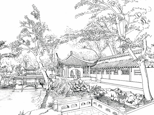 钢笔手绘-颐和园-古建庭院