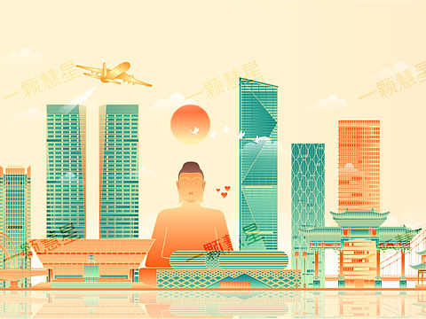 中国各地城市地标建筑矢量插画