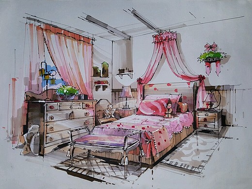一副粉嫩少女系卧室空间手绘