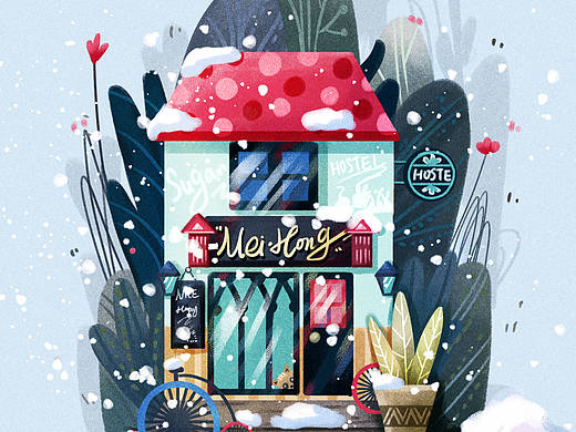 手绘插画雪中建筑下雪了