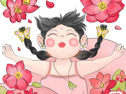 原创国风水彩插画 春天来了