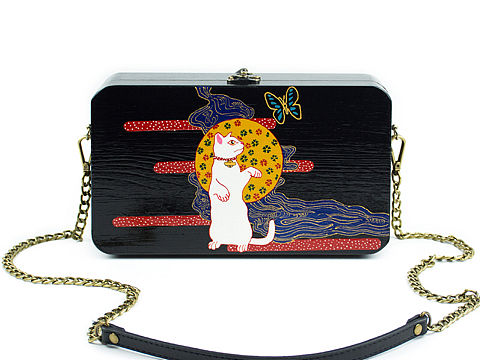 手艺盟 原创设计手工木头包包 手绘招财猫咪