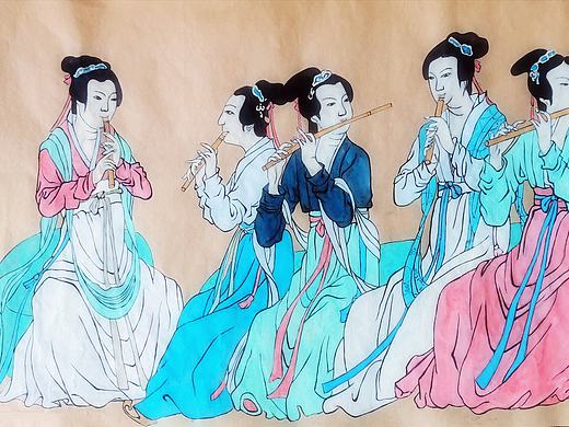 《韩熙载夜宴图》之清吹演奏,局部(临摹)