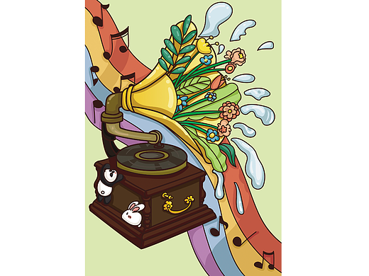 小熊猫和小兔子的创意唱片机扁平矢量插画