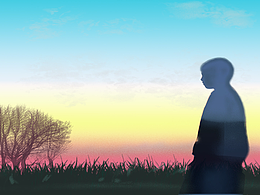 手繪夕陽(yáng)下唯美景色人物影子