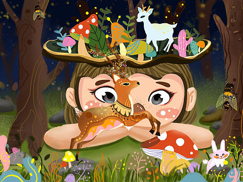 夏日鹿和小女孩的小记忆（个人主页-ZMzcwMjM2MjQ=） - 儿童插画 - 站酷设计师Z64158060原创素材 - 站酷ZCOOL