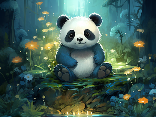 熊猫仙境夜景绘画