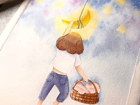 森系水彩人物今日份～种云朵