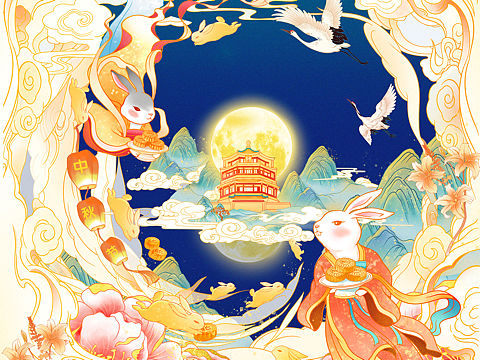 中秋礼品文创插画国风国潮月兔