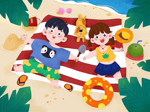 儿童插画 一起去海边吹海风