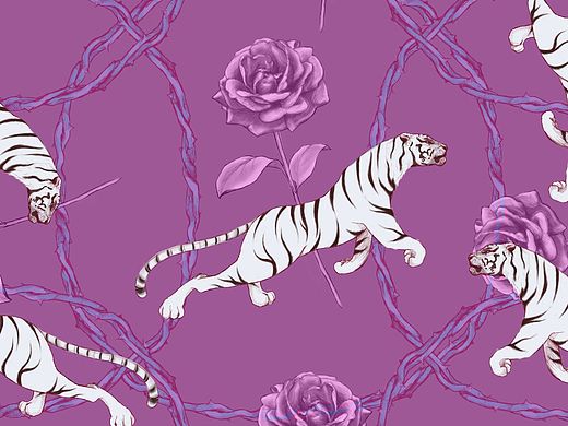原创作品：虎和蔷薇四方连续图案