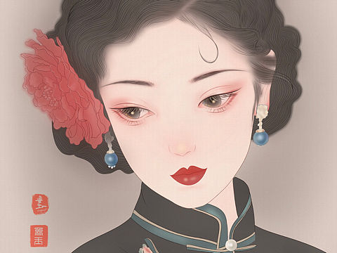 新工笔，淡彩旗袍头像插画。
