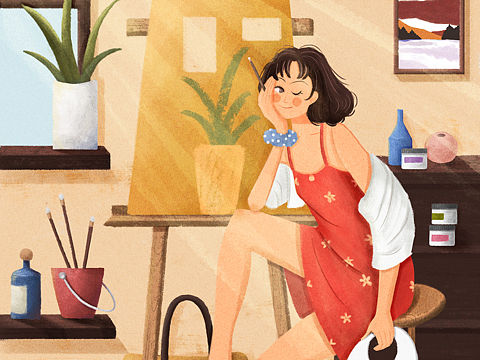 插画-画室女孩