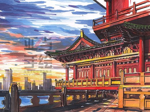 中国江南三大明楼之滕王阁手绘