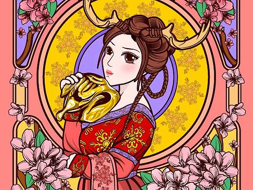 宫廷古风穆夏风插画|商业插画 包装设计 AI矢量插画图