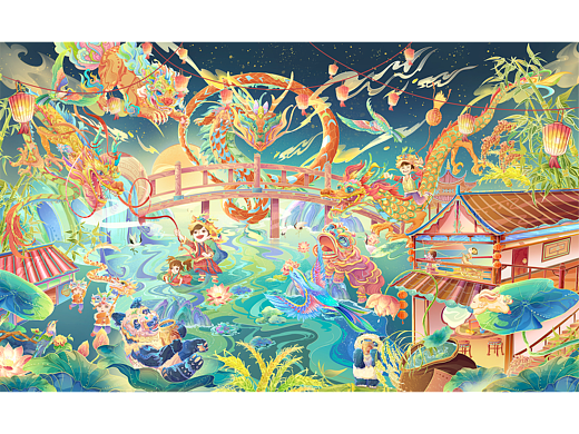 国风重彩插画甲辰--瑞龙贺春