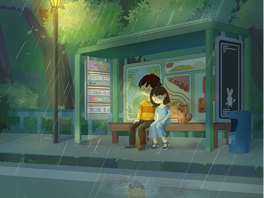 下雨天的车站里