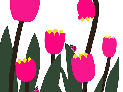 6朵郁金香插画设计  瓢虫与花 植物装饰 花朵插图 挂画