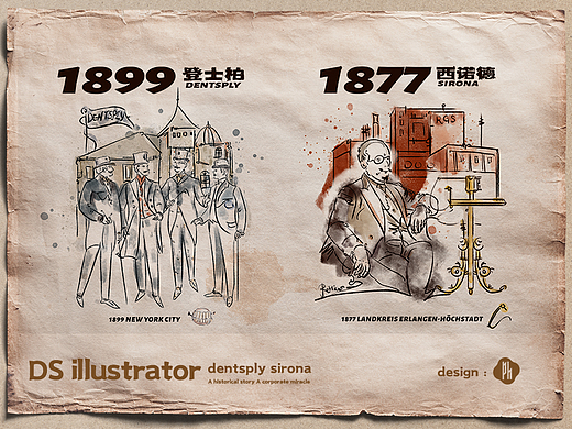 杂志插画企业历程复古插画钢笔水墨淡彩