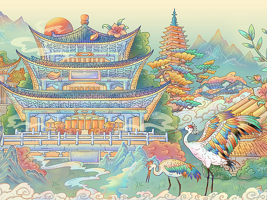 原创云南城市国潮风长卷插画