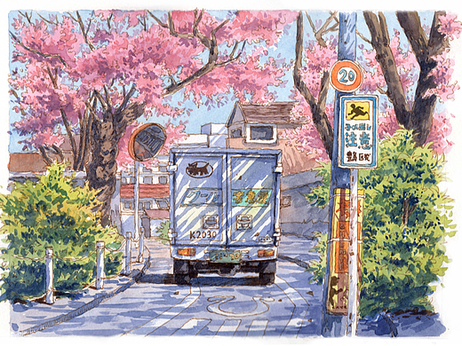 【钢笔淡彩】樱花盛开的街道绘画过程