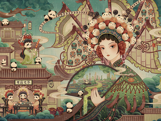 国潮插画｜成都（川剧非遗）城市插画｜熊猫插画文创