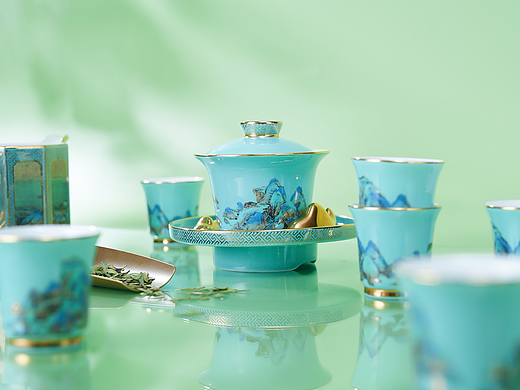 茶具拍摄 千里江山茶具  茶具创意拍摄 多巴胺色彩 