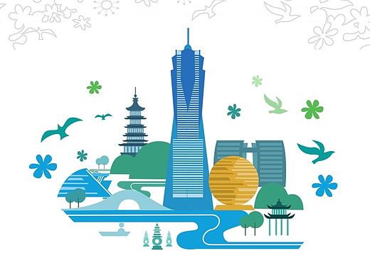 杭州地标小插画~【杭州银行宣传页图案】