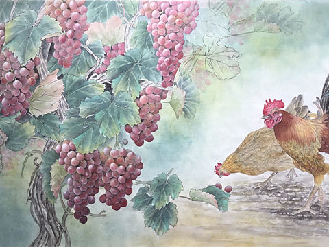 汪林工笔画葡萄鸡