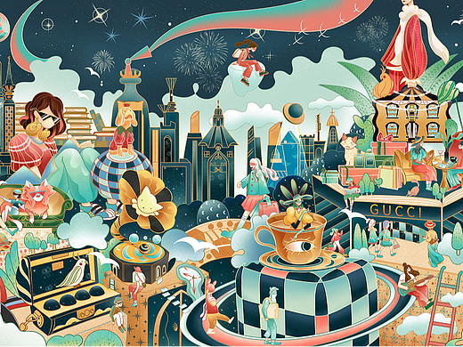 GUCCI 星空摩登都市商场插画