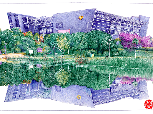 陈澎手绘:圆珠笔画作品(校园风景湖南卫视演播厅)