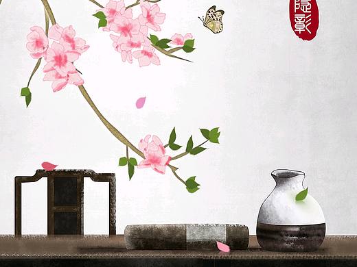 古风唯美静物意境桃花桃枝蝴蝶24节气插画春分春天四季