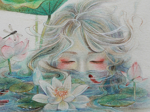 原创彩铅《莲花和鱼》