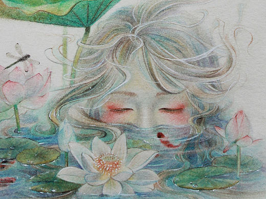 原创彩铅《莲花和鱼》