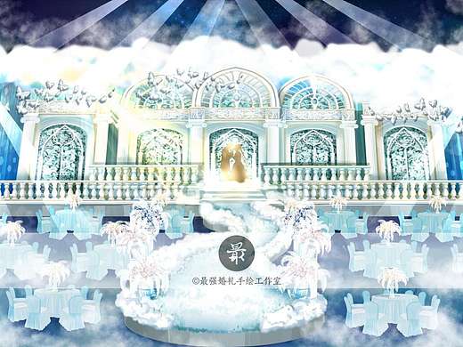 【婚礼手绘】蓝白厅内电脑手绘效果图