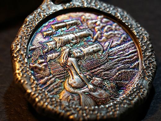 【骷髅-海盗船】花边锉银纪念银币 吊坠