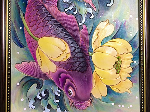 皮雕画—-紫色锦鲤