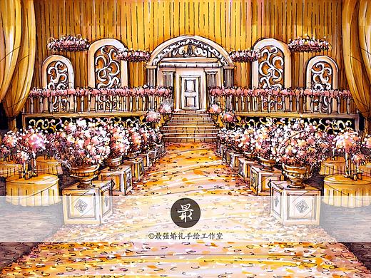 【婚礼手绘】纸面手绘—金色厅内效果图